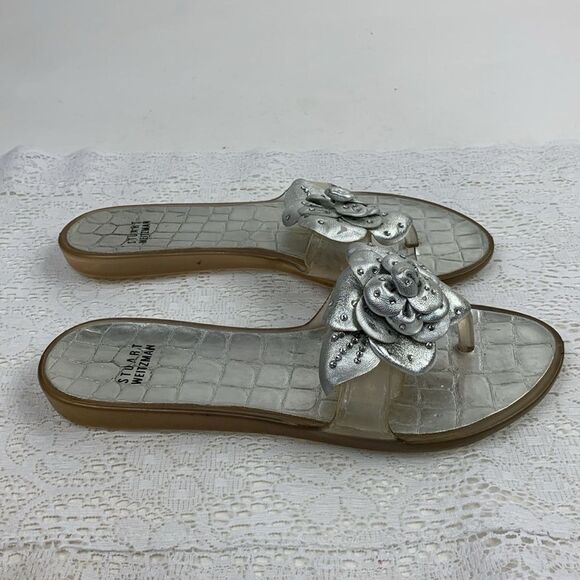 Stuart Weitzman Sandals Silver Clear Jelly Rose Accents thong toe Size 8 Slip on - Picture 13 of 13